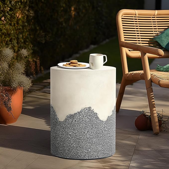 LuxenHome Gray and Cream Cement Round Outdoor Side Table, Set of 2