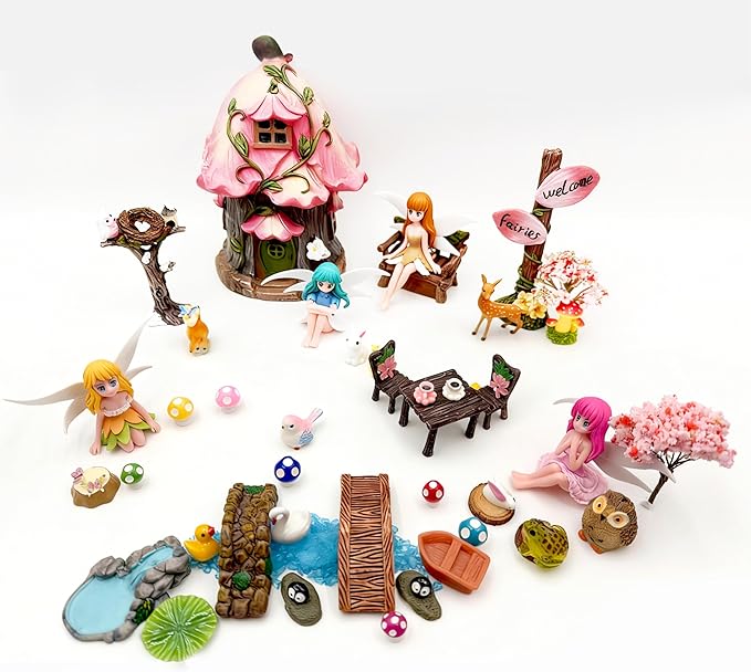 147Pcs Fairy Garden Kit Complete Miniature Figurines Accessories Set with Exclusive Mini Coffee Cups Butterflies DIY Resin Fairy House Mushrooms Animals Trees Decor for Indoor Outdoor Lawn Plant Pots