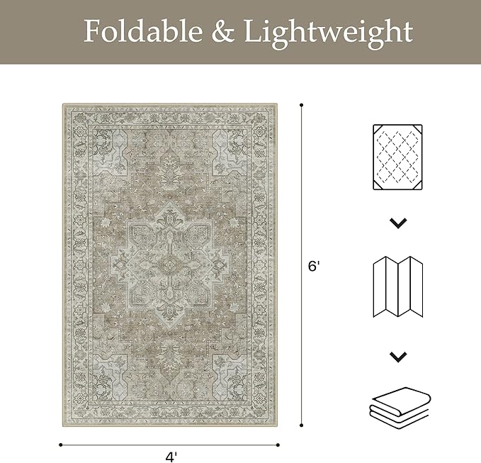 GENIMO Outdoor & Indoor Area Rug 4'x6', Waterproof, Non-Shedding, Easy Cleaning, Boho Mat for Patio, Living Room, Balcony, Dining Room, RV, Deck, Bedroom, Camping, Outside Carpet,Coffee Beige