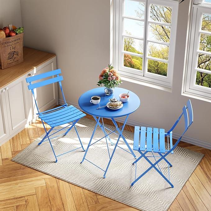 Bistro Table and Chairs Set of 2, 3 Piece Outdoor/Indoor Folding Patio Bistro Sets, 2 Chair Patio Furniture Set with Table, Premium Frame Foldable Coffee Tables for Balcony, Yard, Garden, Blue