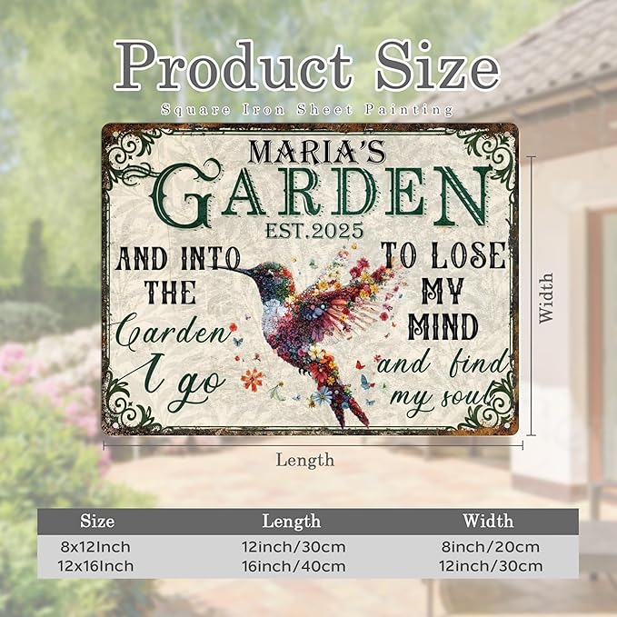 Custom Garden Signs Personalized Metal Tin Sign for Women, Retro Funny Hummingbird Metal Sign for Outdoor, Patio, Yard Rustic Home Decor Gift for Mothers Day, Grandmas, and Gardening Lovers