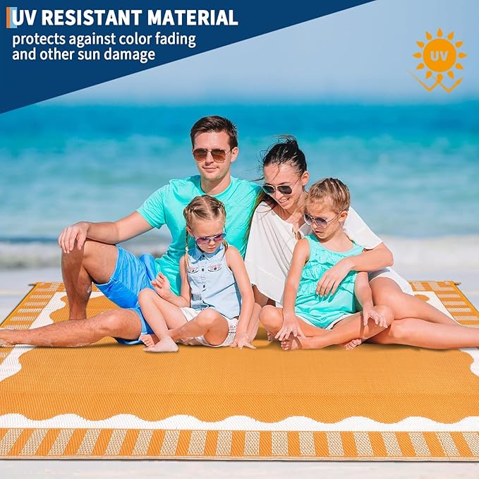 9x12 Outdoor Rug Waterproof Foldable Plastic Straw Carpet for Patio Porch Scalloped Border Reversible Mat Lightweight Floor Mat for Picnic, Backyard, Rv, Beach, Deck, Camper, Balcony，Orange