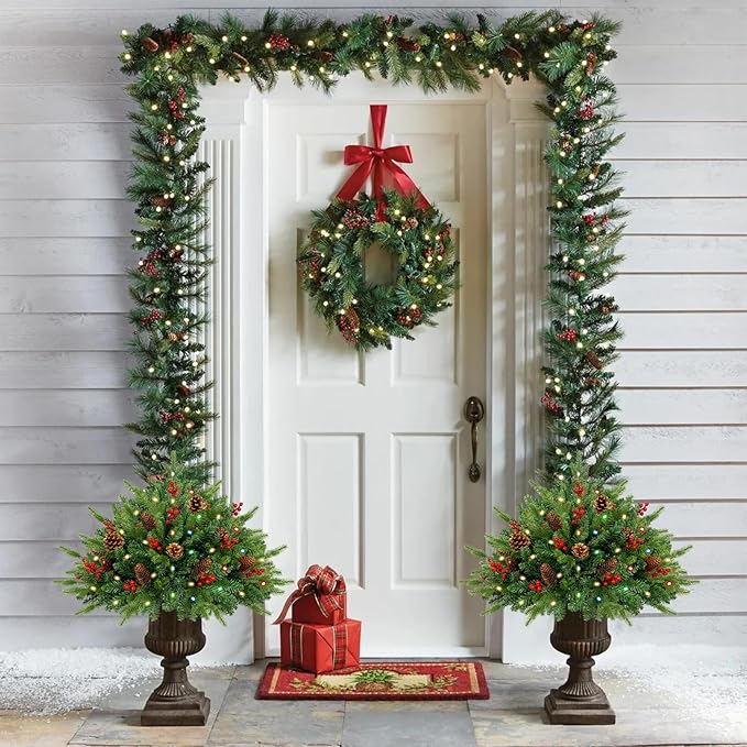 2 Pack 24 Inch Christmas Urn Filler, Dual Color Change & Timer Christmas Tree with Pinecones Red Berries Tripod Stake Battery Operated 8 Mode for Porch Outdoor Xmas Trees Christmas Decorations