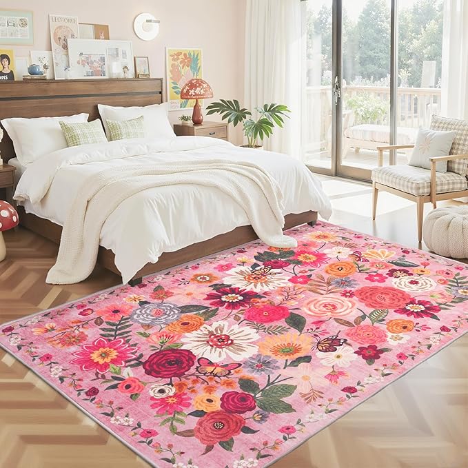 Pink Floral Girls Room Rug 5x8, Non-Slip Washable Rugs for Bedroom Living Room Nursery Kitchen Dining Room Indoor, Ultra-Thin Soft Stain Resistant Girls Room Decor(5 x 8, Pink Garden)