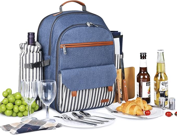 Sunflora Insulated Picnic Backpack for 2 Person Bag with Cooler Compartment, Blanket and Stainless Steel Cutlery Set for Couple, Lovers and Friends (Blue & Stripe)