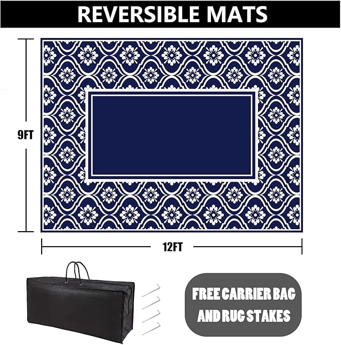 HUGEAR RV Outdoor Rug Waterproof Mat 9'x12' Camping Carpet Blue Outside Area Rugs Reversible Rugs for Deck Entryance Porch Picnic Balcony Beach