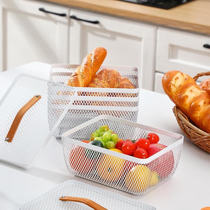 Tandefio 4 Pcs Metal Mesh Basket with Lid and Wooden Handle 9.65 x 7.68 Inch Wire Storage Basket Garden Baskets Organizer Containers for Vegetable Fruit Picnic Kitchen Bathroom (White)
