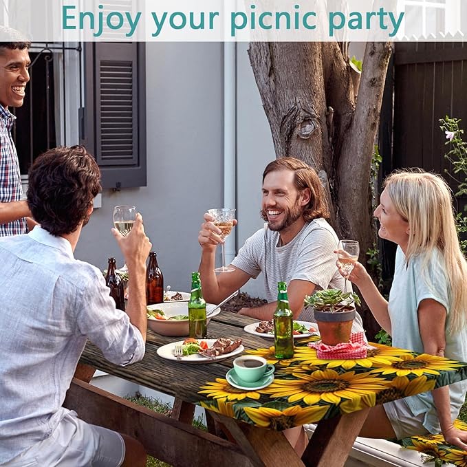 Picnic Table Cover with Bench Covers Wood Sunflower Elastic Outdoor Tablecloth Camping Essentials Waterproof Windproof Camping Tablecloth with Drawstring Bag, Fitted Rectangle Tables Seats 72X30in