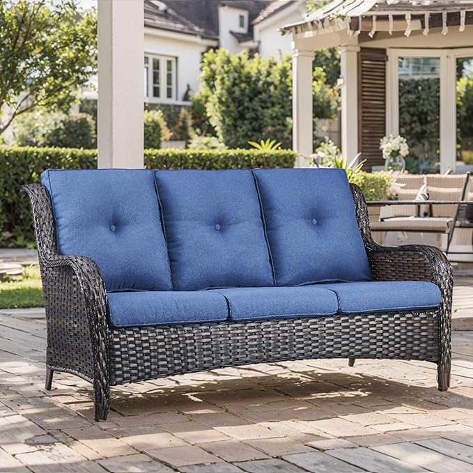 Outdoor Chair Cushion Set of 3, Waterproof Outdoor Seat Cushions 25x22, Patio Chair Cushions for Outdoor Furniture, Couch Cushion Replacement, Include 3 Back & 3 Seat Cushions, Button/Blue