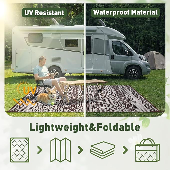 MontVoo-Outdoor Rug Carpet Waterproof 6x9 ft Reversible Patio Rug RV Camping Rug-Plastic Straw Rug Outside Indoor Outdoor Area Rug for Patio Deck Balcony Picnic Beach Outdoor Decor Boho Beige Brown