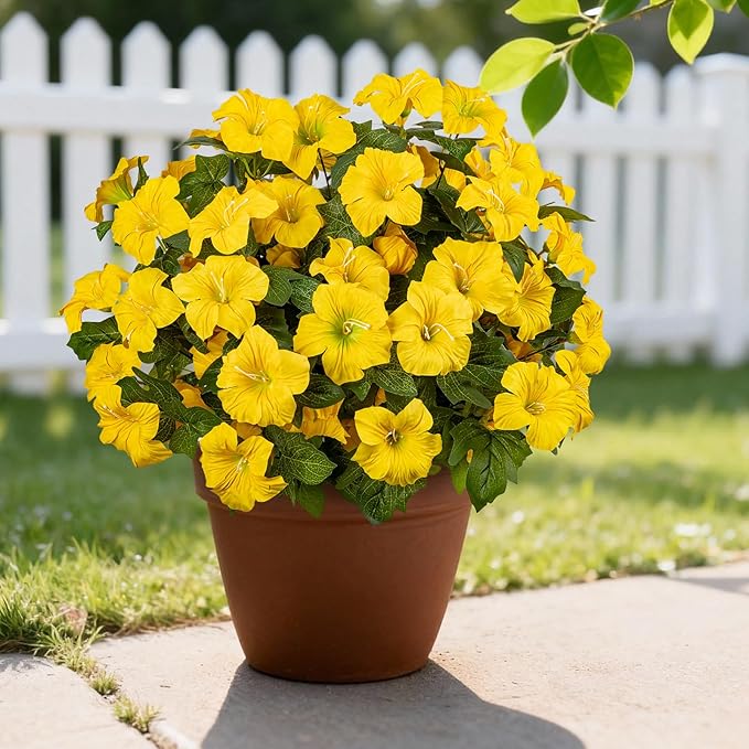 19 Inch Artificial Fake Flowers for Outdoor,4 Pcs Yellow Faux Silk Petunias Spring Flowers for Outside for Indoor Porch Planter Front Door Garden Patio Window Box Home Decor