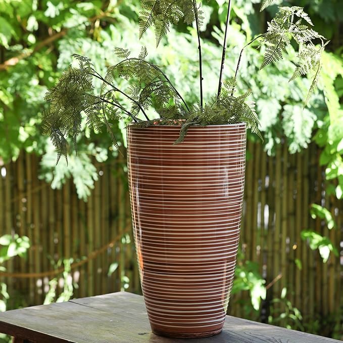 21"Tall Planters For Outdoor Plants-Coffee&Milk Finish Pop,Decorative Flower Pots Front Porch Vase Lightweight Durable Tall Planter With Movable Insert Shelf/ Drainage Hole Gift Idea For Plant Lovers