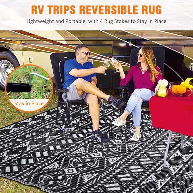 Pendolr Outdoor Rug 9’x12' for Patios Clearance Waterproof Carpet Large RV Mat Outdoor Plastic Straw Rug for Camping Reversible Outside Rug for Patio Balcony Deck Backyard Picnic Beach Black&White 02#