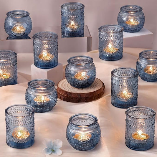 DARJEN 24Pcs Blue Votive Candle Holders - Glass Candle Holder for Party Decoration, Tea Lights Candle Holder for Wedding Shower & Gift