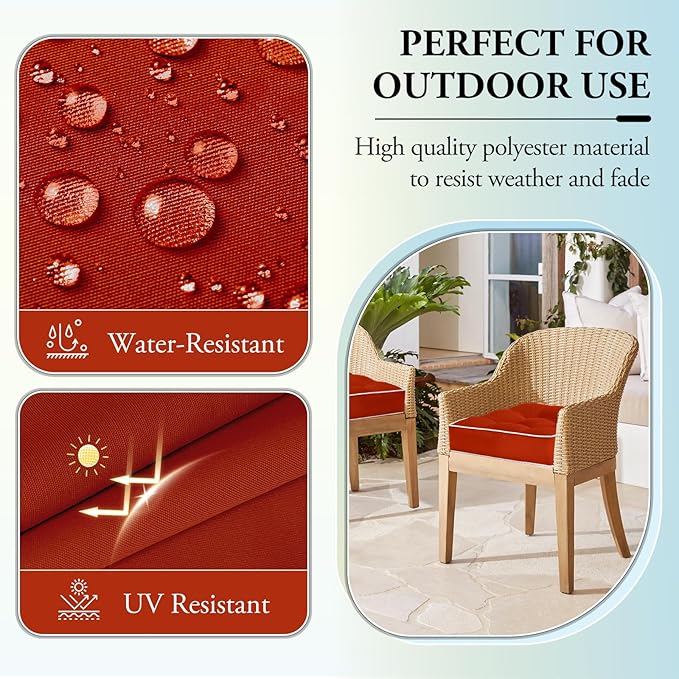 Wellsin Outdoor Chair Cushions Set of 2, Patio Cushions for Outdoor Furniture, Tufted Waterproof Outdoor Chair Pads, 19 x 19 Inch, Brick Red
