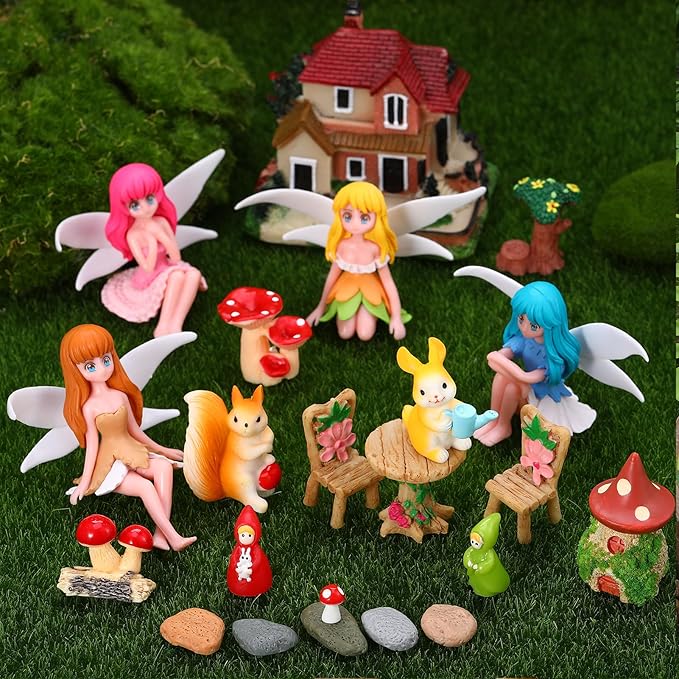 Fairy Garden Accessories, Miniature Garden Ornaments Included Mini Fairy Figures Tiny Gnome Figurines Enchanted Tiny House Set for DIY Landscape Potted Plants Dollhouse Desk Decor