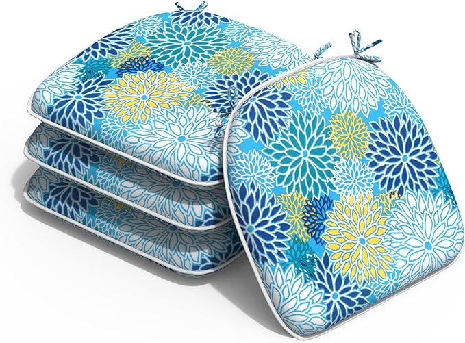 Outdoor Chair Cushions Set of 4, Water Resistant Patio Chair Pads with Ties, Seat Cushions for Home Garden Furniture Decoration, 16"x17", Dahlia Blue