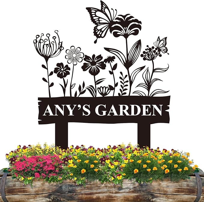 Personalized Metal Garden Sign, Custom Flower Decor with Stake, Butterfly Metal Yard Art, Garden Name Sign,Outdoor Decor,Patio Decoration,Home Present,Gardeners & Planters Gift