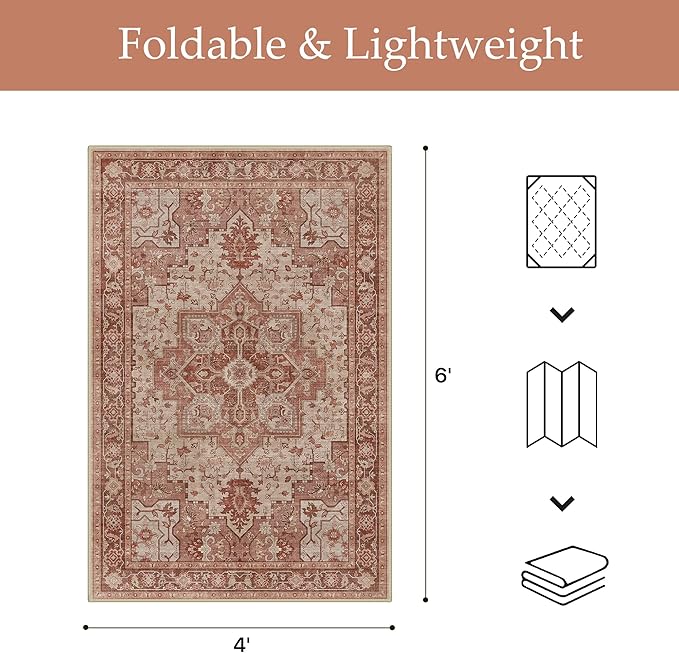 GENIMO Outdoor & Indoor Area Rug 4'x6', Waterproof, Non-Shedding, Easy Cleaning, Boho Mat for Patio, Living Room, Balcony, Dining Room, RV, Deck, Bedroom, Camping, Outside Carpet,Brown Red