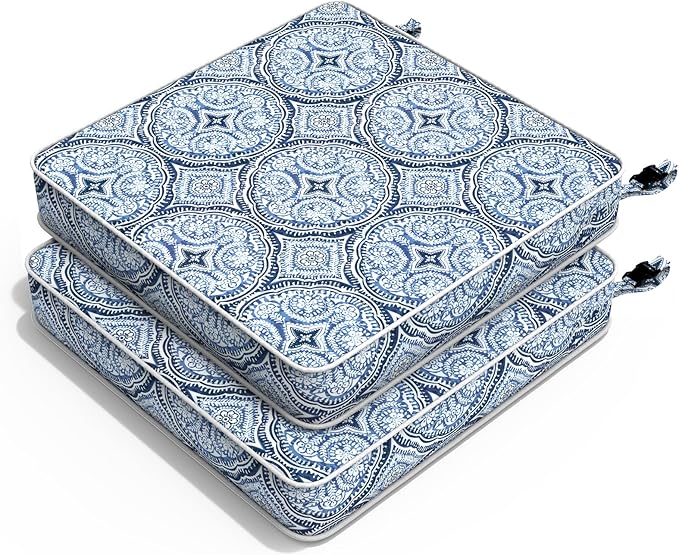 Outdoor Chair Cushions 22x22x3 Inch, Patio Seat Cushion Furniture Swing Set of 2, Water Repellent Chairs Wicker Cushion Pads with Couch Sofa in Garden, Medallion Blue