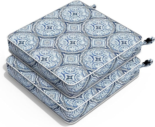 Outdoor Chair Cushions 22x22x3 Inch, Patio Seat Cushion Furniture Swing Set of 2, Water Repellent Chairs Wicker Cushion Pads with Couch Sofa in Garden, Medallion Blue