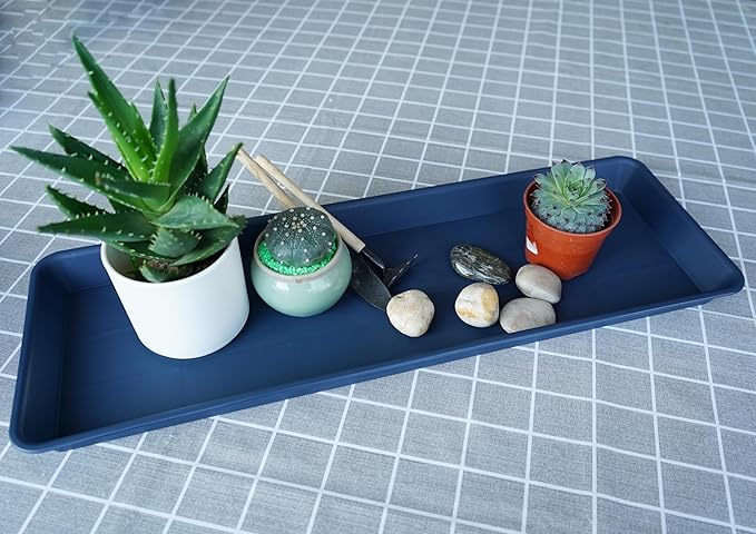 2 Pack of Blue Plastic Rectangular Plant Tray, Plant Saucer for Indoors & Outdoors, 6.5 X 13 Inch, Modern Glossy Finish