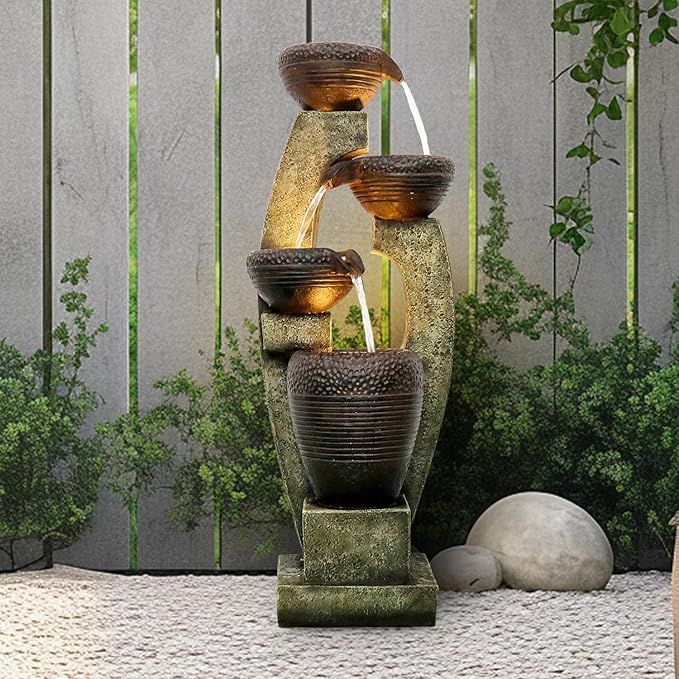 40” H Modern Outdoor Fountain - 4 Crocks Outdoor Garden Fountains with Contemporary Design for Garden, Patio, Deck, Porch, Backyard and Home Art Decor