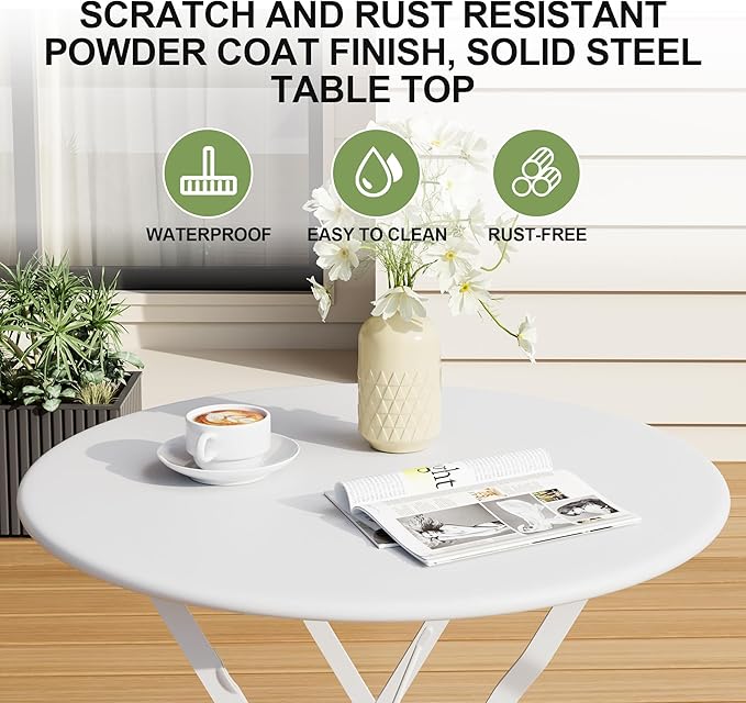 Bistro Table and Chairs Set of 2, 3 Piece Outdoor/Indoor Folding Patio Bistro Sets, 2 Chair Patio Furniture Set with Table, Premium Frame Foldable Coffee Tables for Balcony, Yard, Garden, White