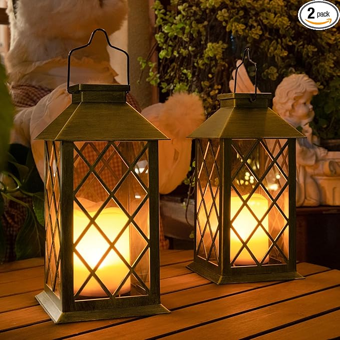 TAKE ME 14" Solar Lanterns Outdoor Waterproof Garden Lanterns Large Flickering Flameless Candle Mission Lights for Table,Outdoor,Party Mothers Day Gifts ( 2 Packs Brush-Painted Antique Bronze Color)