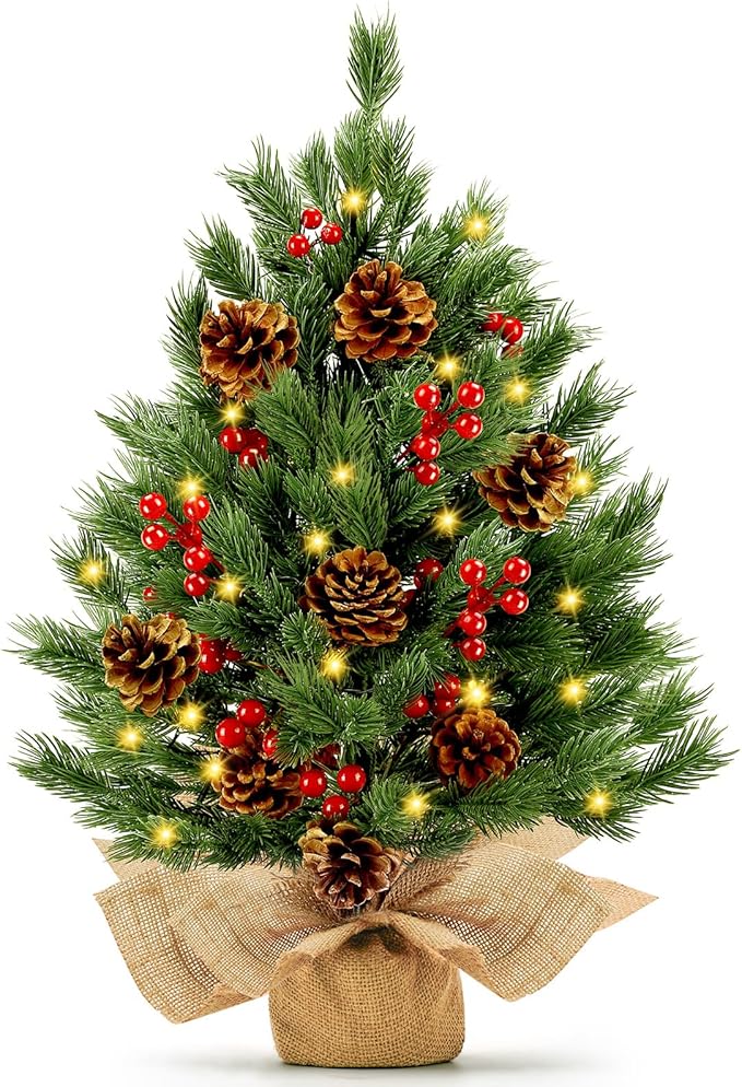 [ 8 Modes & Timer] 24 Inch Realistic Tabletop Christmas Tree Small Christmas Tree with 50 Warm Lights Battery Operated Indoor Home Table Christmas Decorations