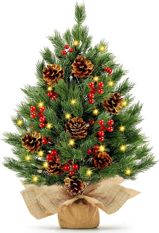 [ 8 Modes & Timer] 24 Inch Realistic Tabletop Christmas Tree Small Christmas Tree with 50 Warm Lights Battery Operated Indoor Home Table Christmas Decorations