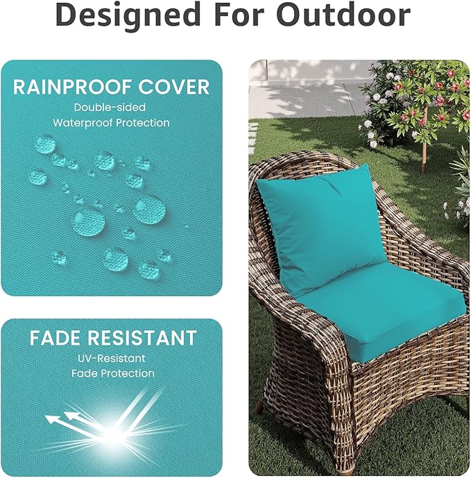 Outdoor Seat Cushion Set 22 x 22 x 4 Inch, Waterproof & Fade Resistant Patio Furniture Cushions with Removable Cover and Ties, Thick Deep Seating Pads for Outside Chair Sofa Couch, Teal