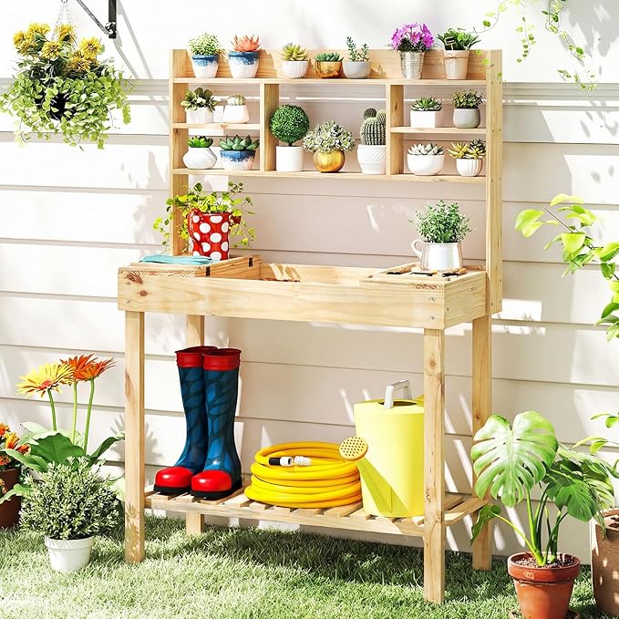 Giantex Potting Bench, Outside Solid Wood Potting Table with Flip-up Tabletop, Shelves, Indoor Outdoor Wooden Workbench for Patio Porch Balcony, Potted Plant Display Rack, 42"x18"x60", Natural