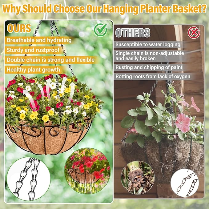 Legigo 6 Pack 12 Inch Metal Hanging Baskets for Plants Outdoor- Round Wire Hanging Planters Basket with Coconut Coir Liner, Hanging Flower Pot for Outdoor Plants Flowers Garden Decorations