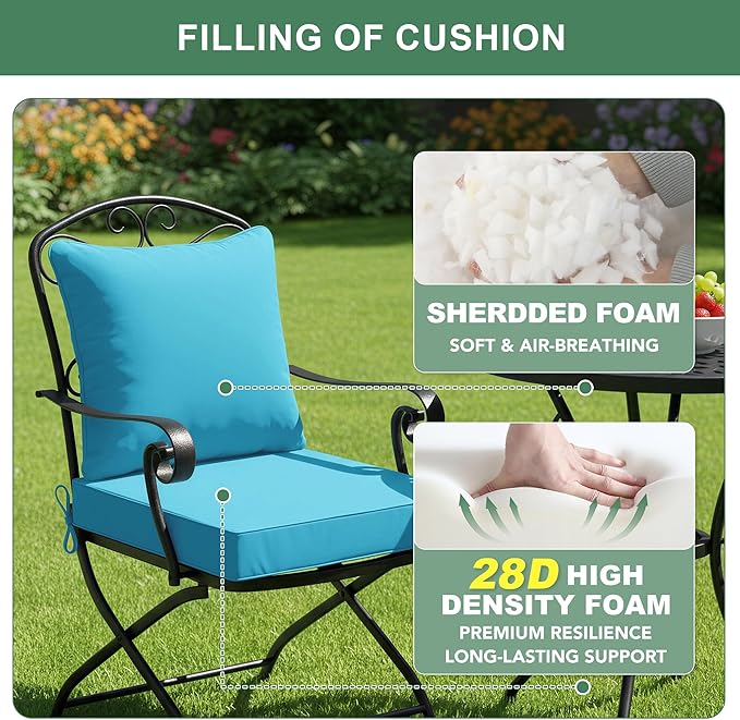 Outdoor Backrest and Deep Seat Cushion Set, Waterproof Fade Resistant Patio Chair Furniture Cushion with Removable Cover, 22 x 22 Inch, Teal, 1 Set