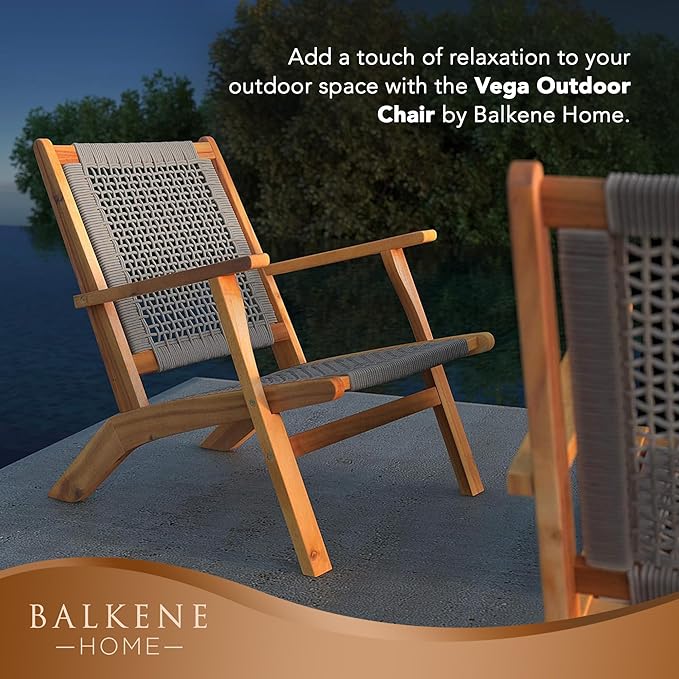 Balkene Home 63634 Vega Natural Stain Outdoor Chair Acacia Wood Construction Woven Web Seat Mid Century Design Comfortable Reclining Armchair Patio Lawn Garden Backyard Deck - Navy Blue Cording