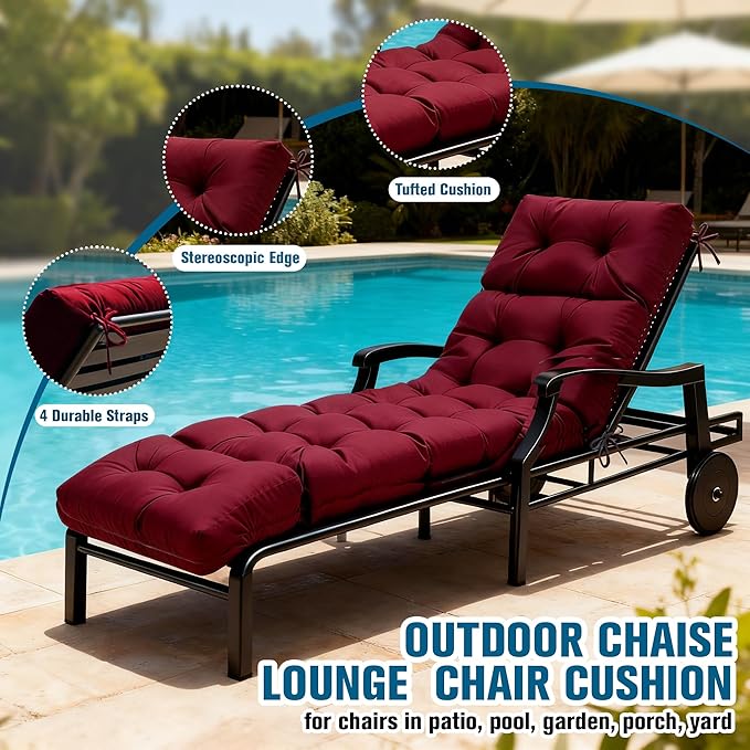 MTMR Chaise Lounge Cushion Outdoor, Non-Slip Chair Cushion for Patio Furniture, Waterproof Outdoor Replacement Seat Pad for Pool Lawn Wicker Couch Bench Loveseat, Long Thick Lounge Cushion, Burgundy