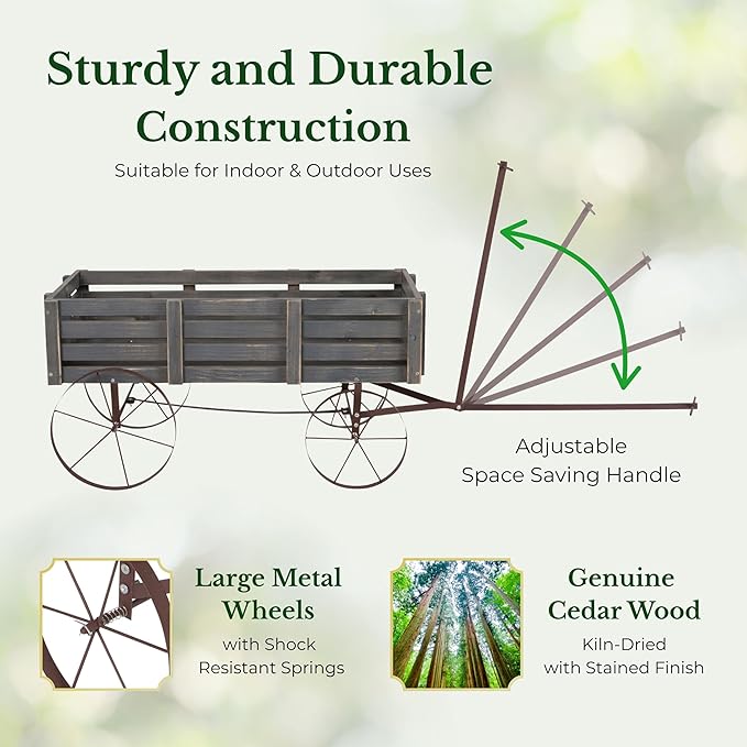 Shine Company Decorative Buckboard Wagon Garden Planter, Wooden Wagon Yard Décor for Outdoor Plants, Gray