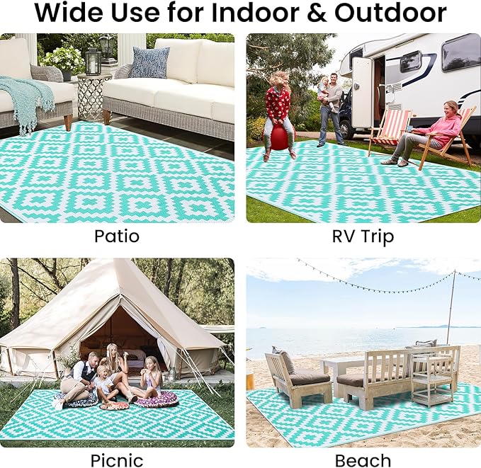 Smiry Waterproof Outdoor Rug 6x9 ft, Reversible Plastic Straw Patio Camping Rugs, Outdoor Indoor RV Mat Carpet for Patio, Outside Entry, Backyard, Deck, Bench, Picnic, Camper, White & Teal