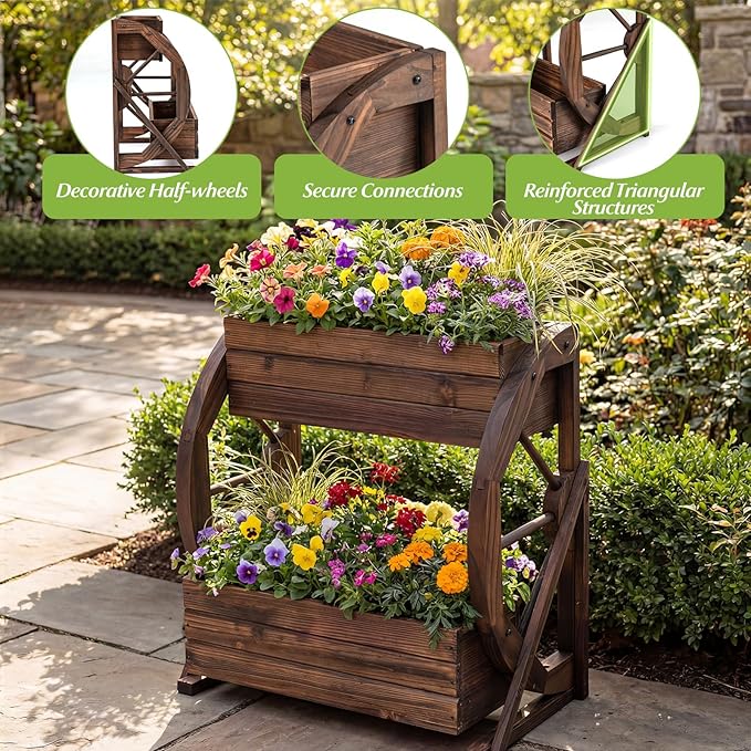 Giantex Wooden Wagon Planter Box, 2-Tier Garden Planter with Drainage Holes for Flowers Herbs Vegetables, Indoor Outdoor Decorative Planter Container for Patio Garden Balcony (1)