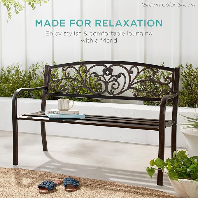 Best Choice Products Outdoor Bench Steel Garden Patio Porch Furniture for Lawn, Park, Deck w/Floral Design Backrest, Slatted Seat - Gray