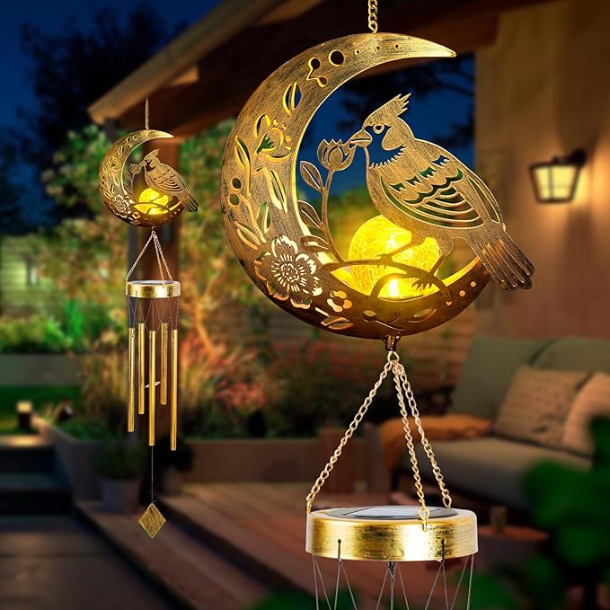 Rosefinch Solar Wind Chime for Outside - Exquisite Vermilion Bird Design, Handmade Aluminum Wind Chimes for Garden/Lawn, Soothing Zen Decor, Gift for Asian-Themed,Housewarming & Meditation Spaces