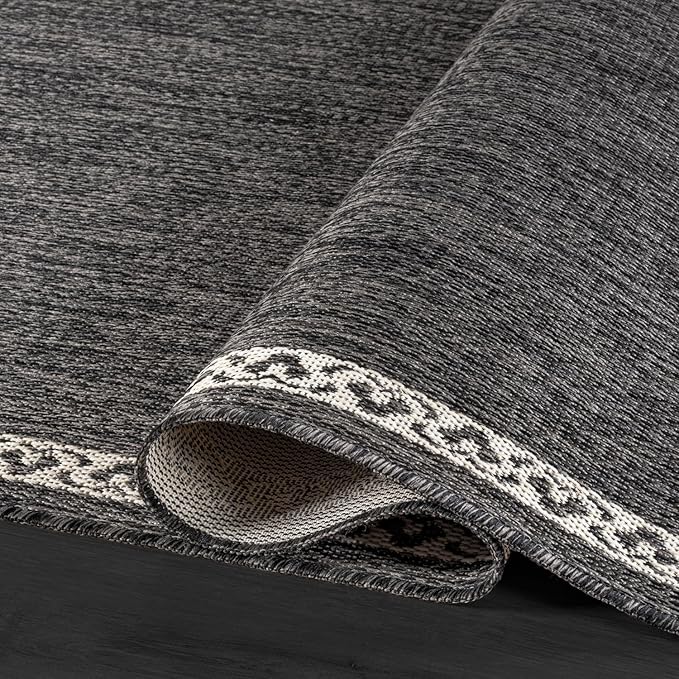 Washable Outdoor Rug 10x14 Modern Area Rugs Outdoor Carpets Bordered Pattern Non Shedding Waterproof Easy Clean Patio Deck Porch Living Room Bedroom Garden RV (10 X 14 Dark Gray)