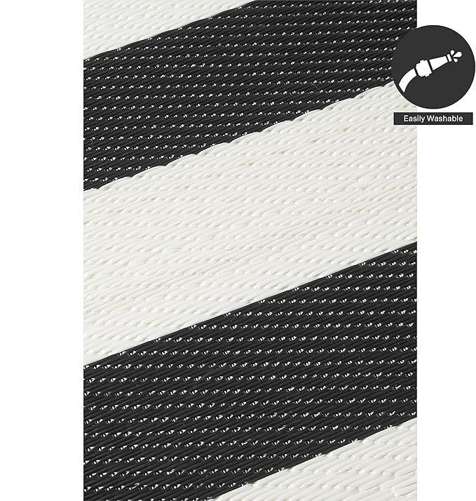 FH Home Outdoor Rug - Waterproof, Fade Resistant, Reversible - Premium Recycled Plastic - Striped - Large Patio, Deck, Sunroom, Camping, RV - Brittany Stripe - Black & White Crease Free - 6 x 9 ft