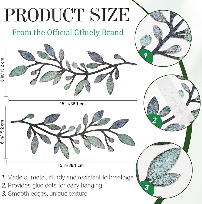 Gthiely 2 Pcs Metal Leaf Wall Decor - Vintage Blue Green Wall Art for Bedroom Living Room Bathroom Rustic Farmhouse Indoor Outdoor (Olive Branch, Each 15x6 inches)