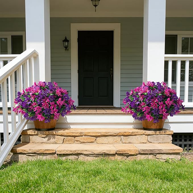 INSPRING Artificial Fake Flowers for Outdoors Spring Summer Decoration, 3 Bundles Realistic Outdoor Faux Azalea Plants UV Resistant Silk Flowers for Outside Planter Patio Porch Garden Yard Home Decor