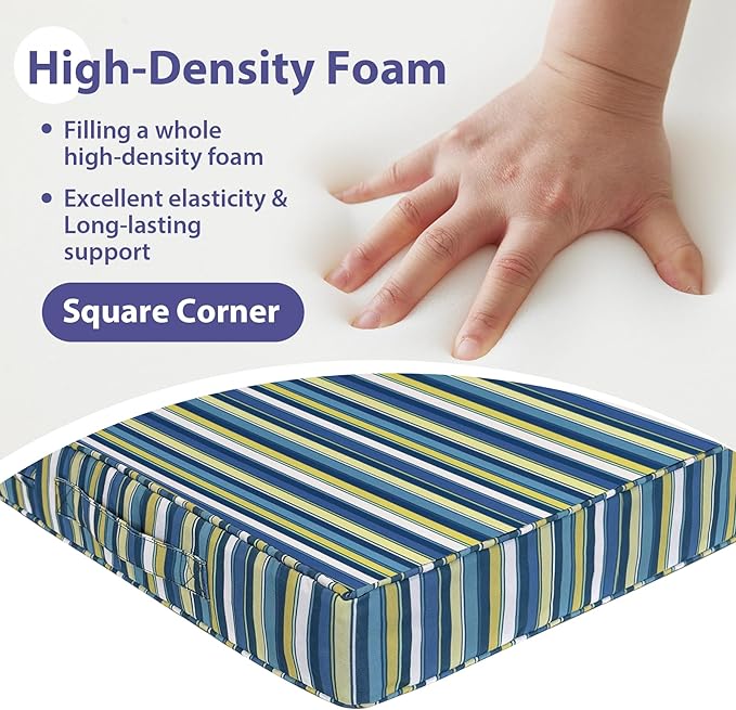 Outdoor Chair Cushions Set of 4,Waterproof Outdoor Seat Cushions for Patio Furniture,Patio Chair Cushion with Handle and Ties, Out Door Chair Pads,19" x 19" x 3", Blue Stripe