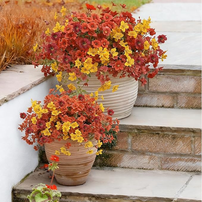 Artificial Mums Fall Fake Flowers for Outdoors Decoration, 12 Bundles Artificial Fall Flowers Faux Mums Realistic UV Resistant for Outdoors Planter Porch Patio Window Box, Sunset