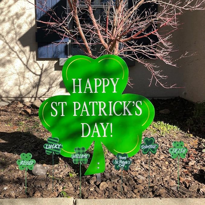 YEAHOME St Patricks Day Decorations Outdoor, Set of 6 Metal Shamrock Decorative Garden Stakes for St Patricks Day Decor, Lucky Saint Patricks Yard Signs for Garden Lawn Porch Pot Flowerbed