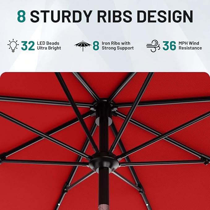 AreShark 9FT Patio Umbrella with Solar Lights, 32 LED Lighted Pool Umbrella w/Tilt and Crank, Outdoor Market Solar Umbrellas for Garden, Deck, Backyard, Pool and Beach, Red